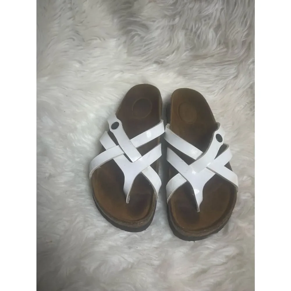Bertula by Birkenstock White Patent Strappy Slide Sandals EUR SZ36